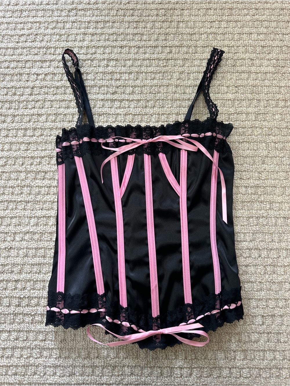 Shirley of Hollywood Vintage y2k Black & Pink Satin Ribbon Lace Corset Top
